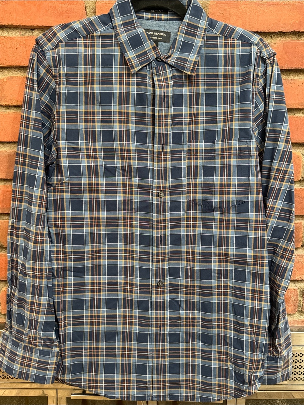 Banana Republic Men's Navy and Tan Plaid Button-Down Shirt